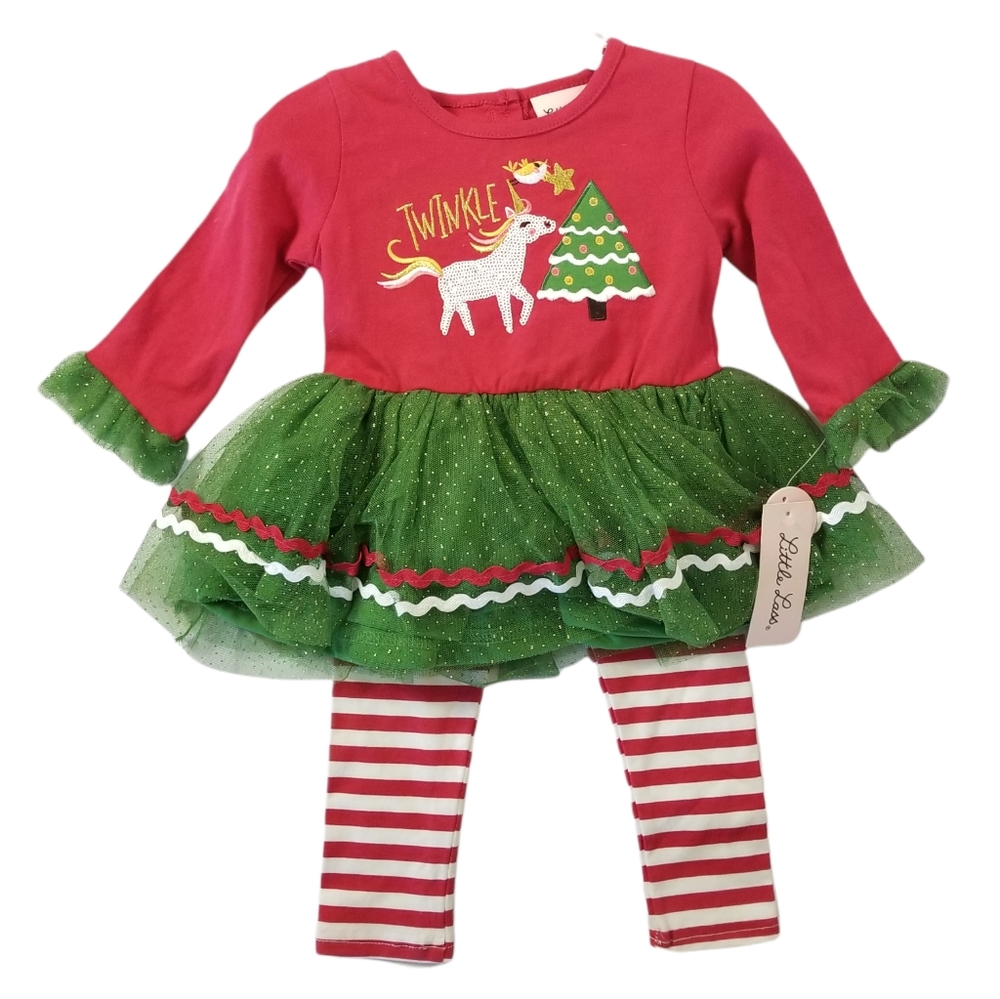 LITTLE LASS Christmas Unicorn 2 Piece Set Girls 18M Tulle Embroidered Holidays